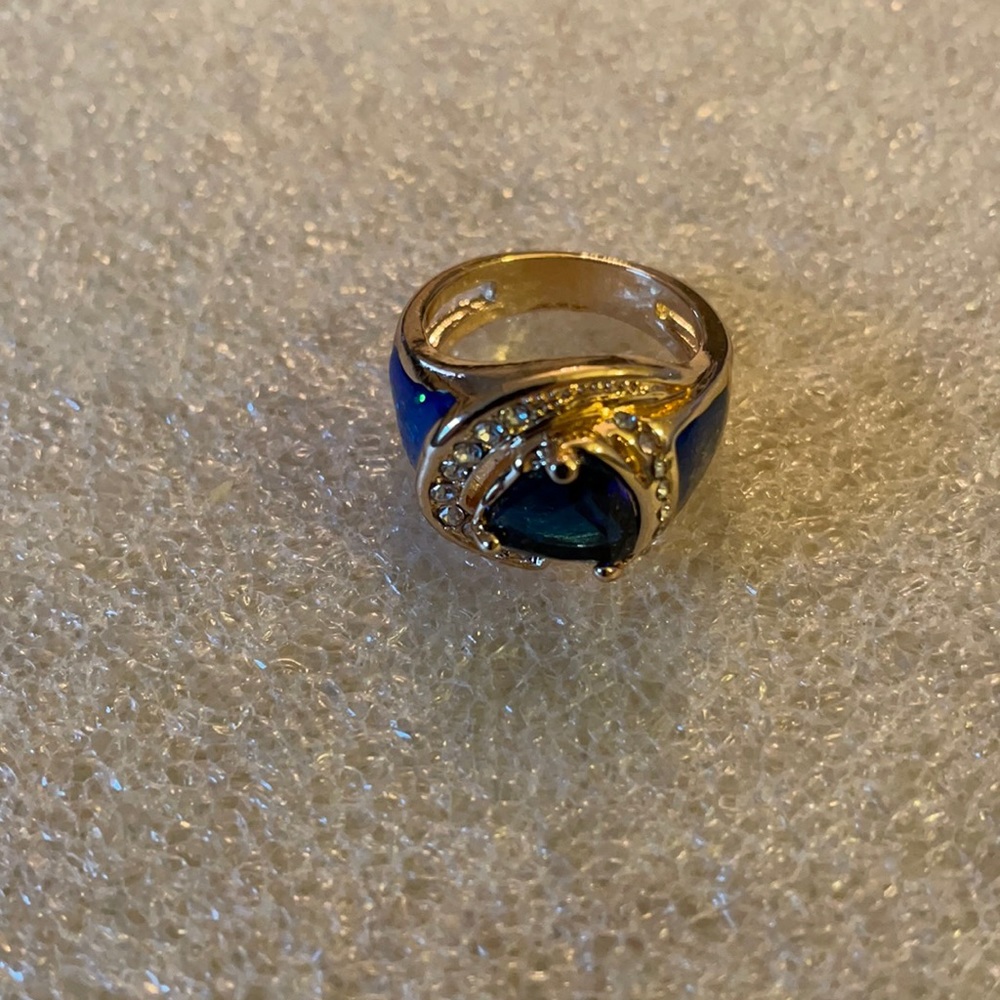 Gold over silver inlay opal sapphire ring